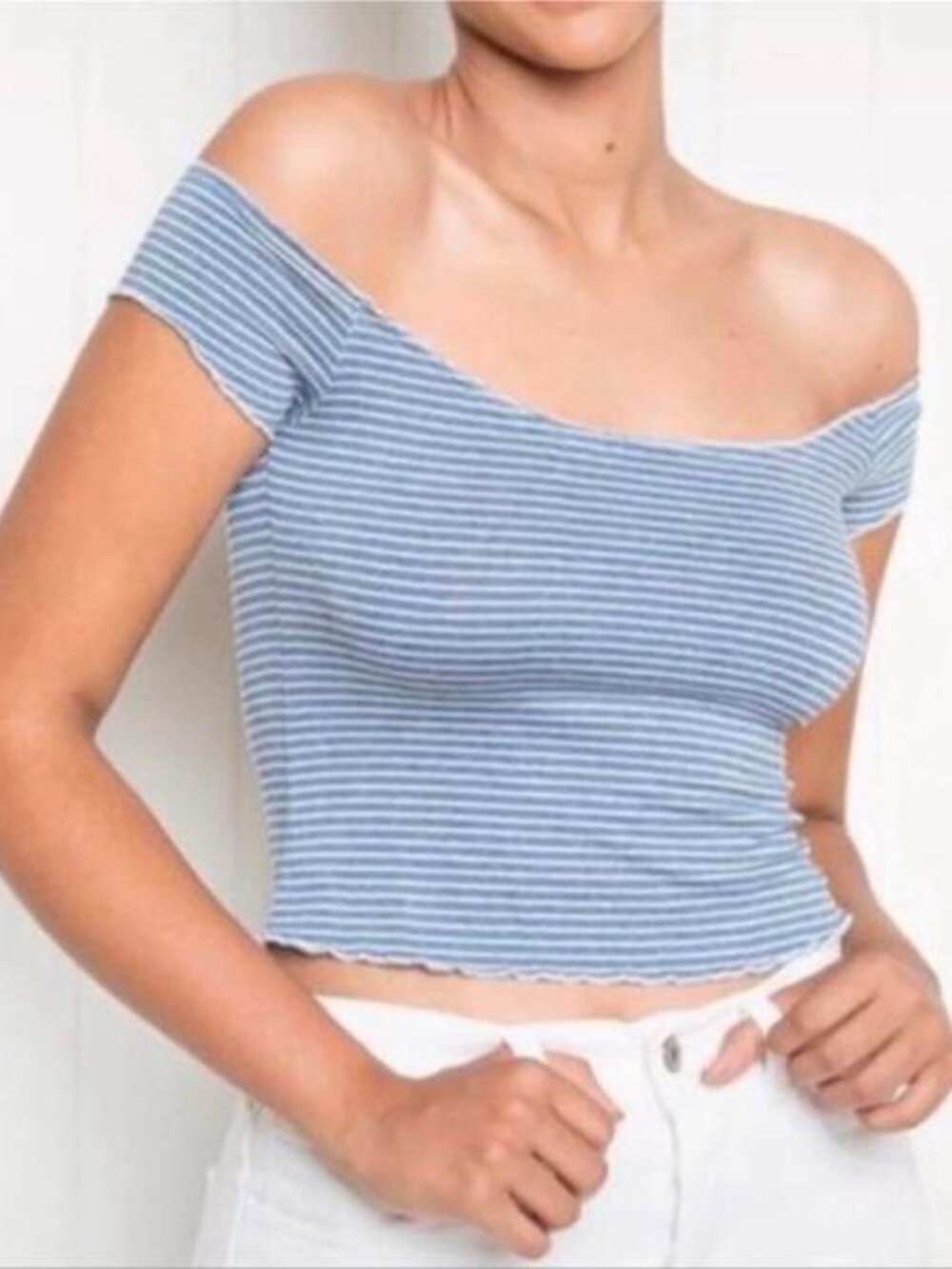 Brandy Melville Blue White Striped Off Shoulder Ruffle Top
